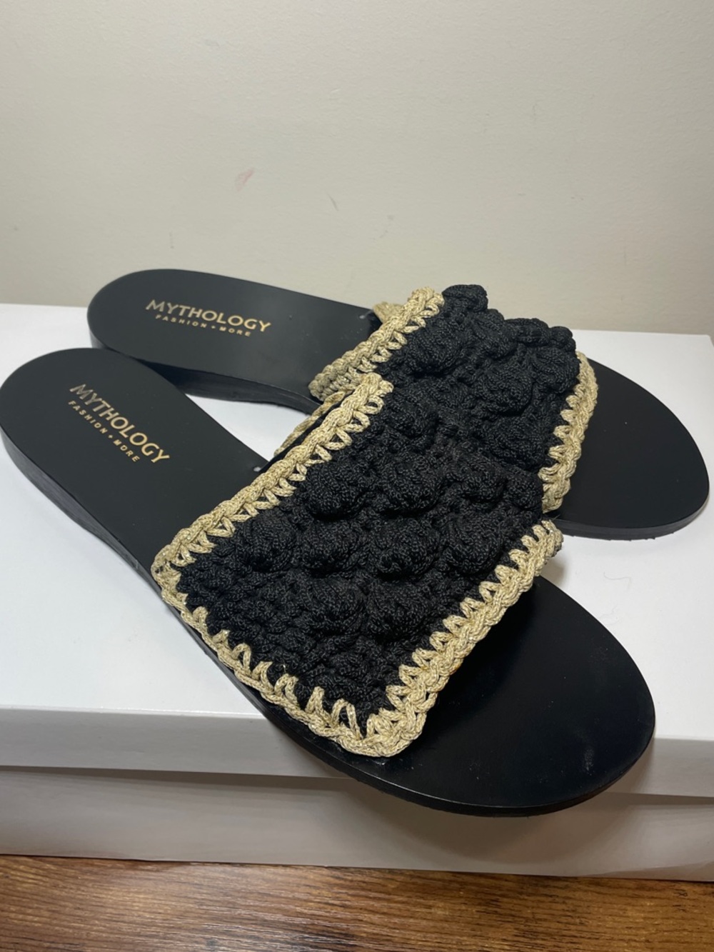 Black Crochet Slide Sandals with Gold Trim